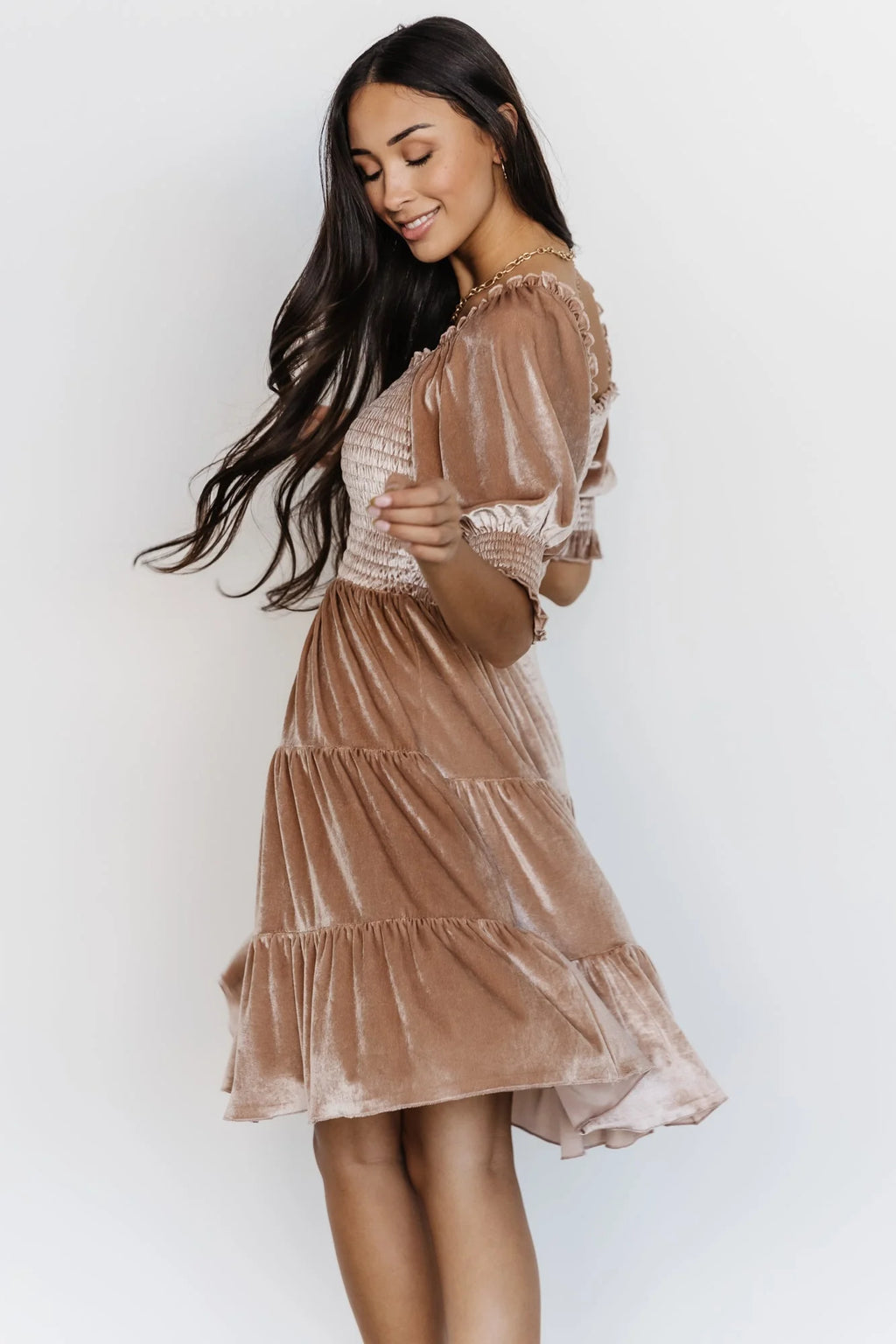 Bliss Smocked Velvet Short Dress | Natural