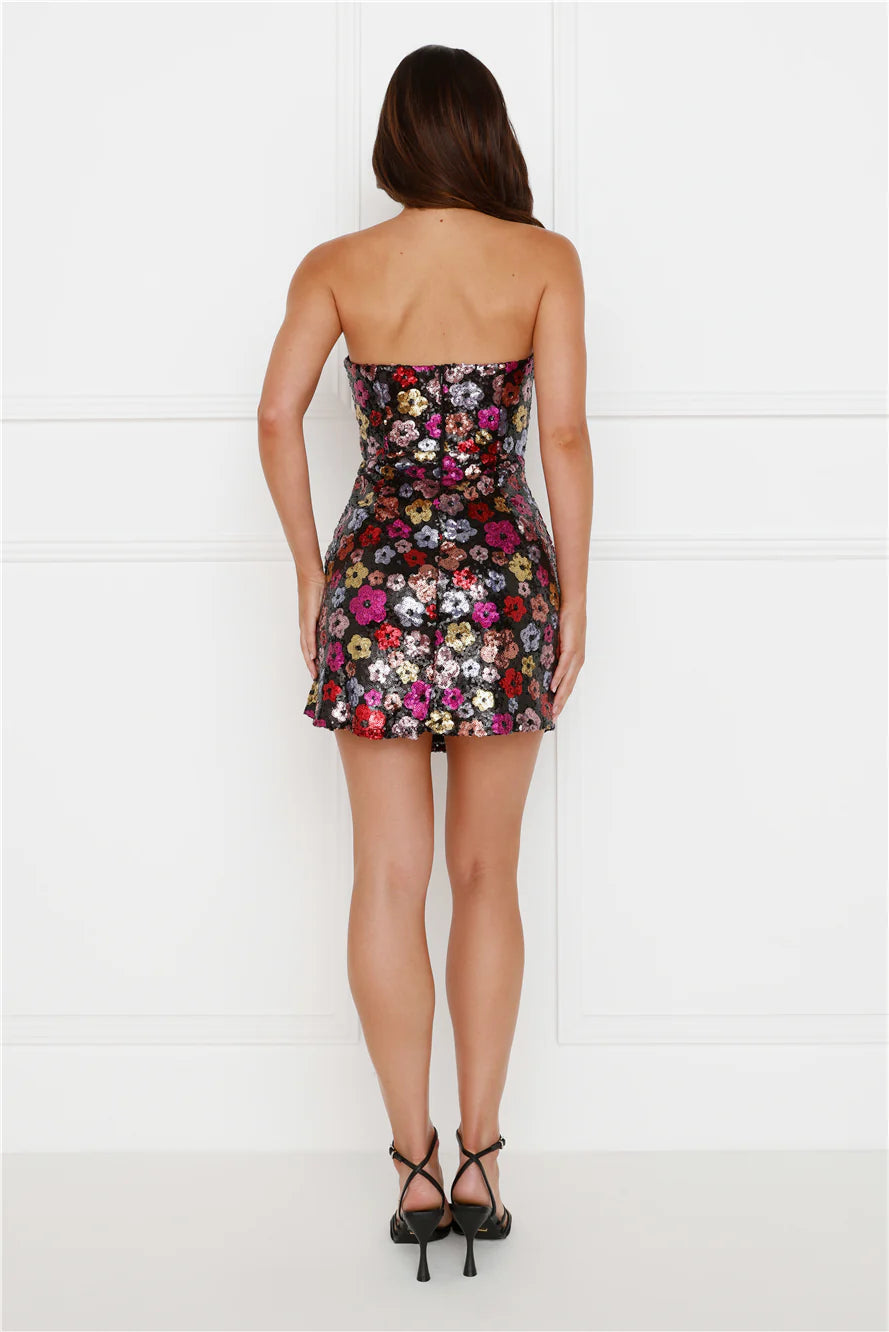 Floral Glitter Sequin Strapless Mini Dress Black