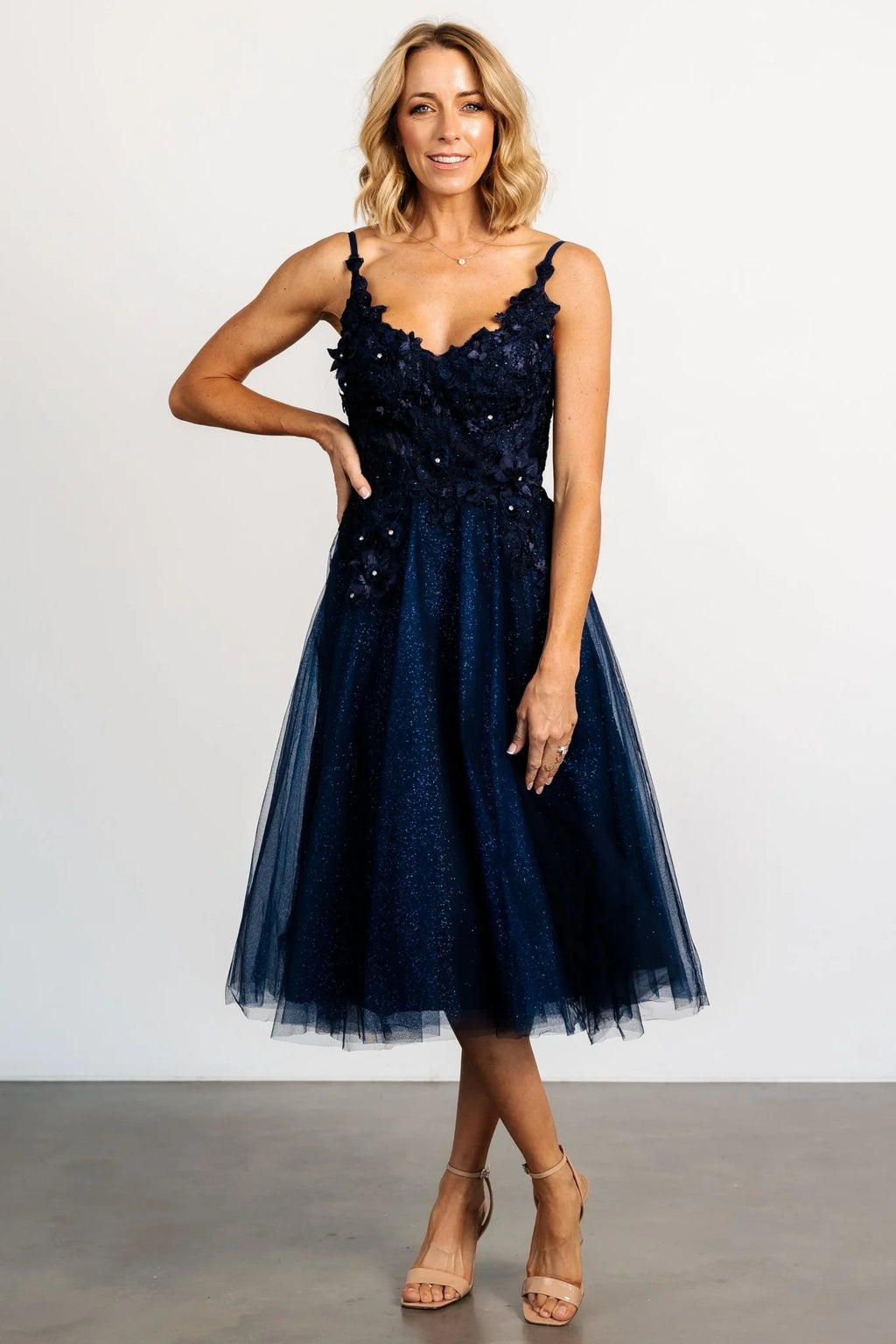 Noelle Shimmer Midi Dress | Midnight Blue