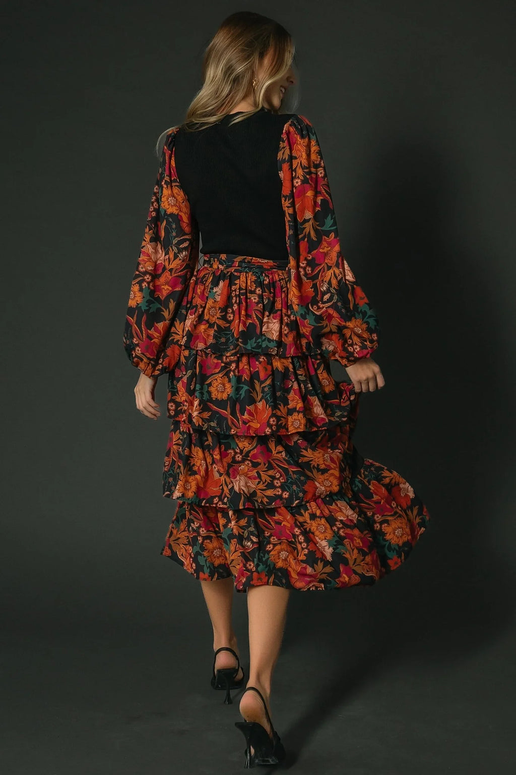 Sylvie Tiered Midi Dress | Black Multi