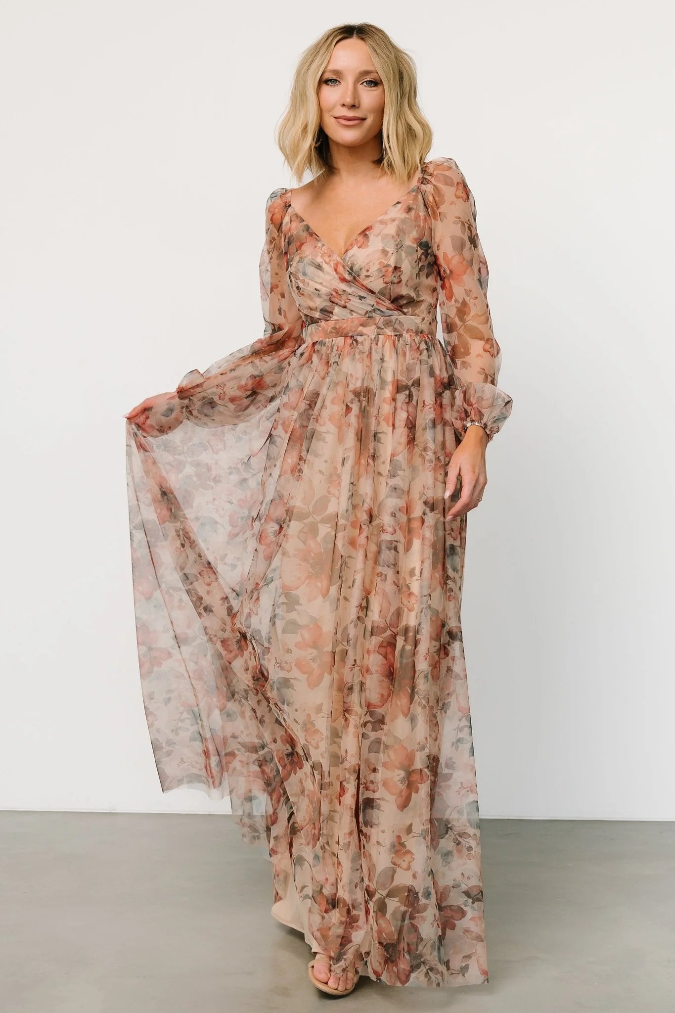 Desiree Tulle Maxi Dress | Taupe Floral