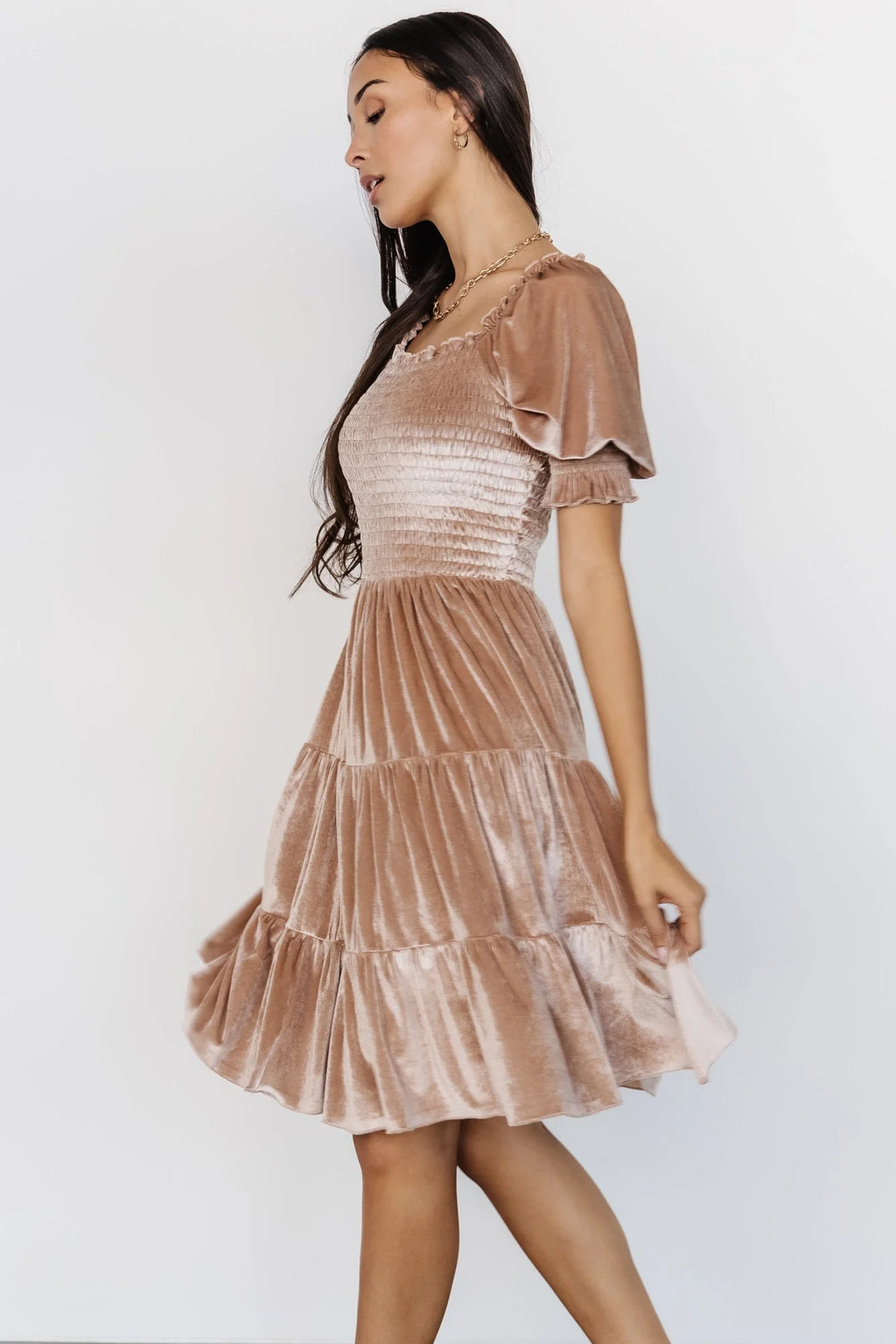 Bliss Smocked Velvet Short Dress | Natural