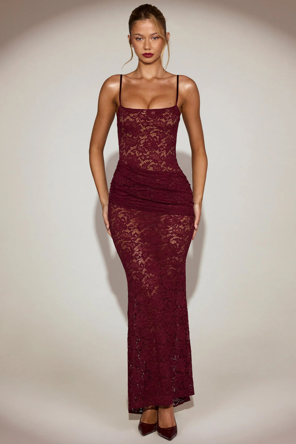 Sheer Lace Square-Neck Ruched Gown in Wine Red
