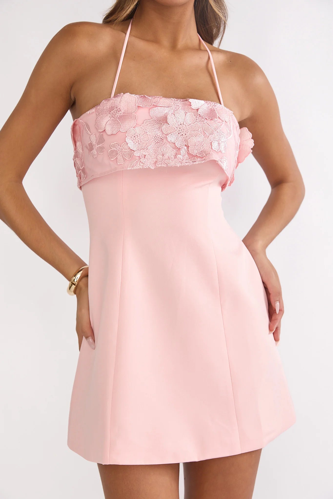 Sunbeam Kiss Foldover Floral Bust Mini Dress Blush