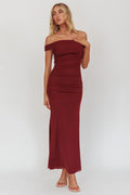 In Blooms Off Shoulder Mesh Midi Dress Wine