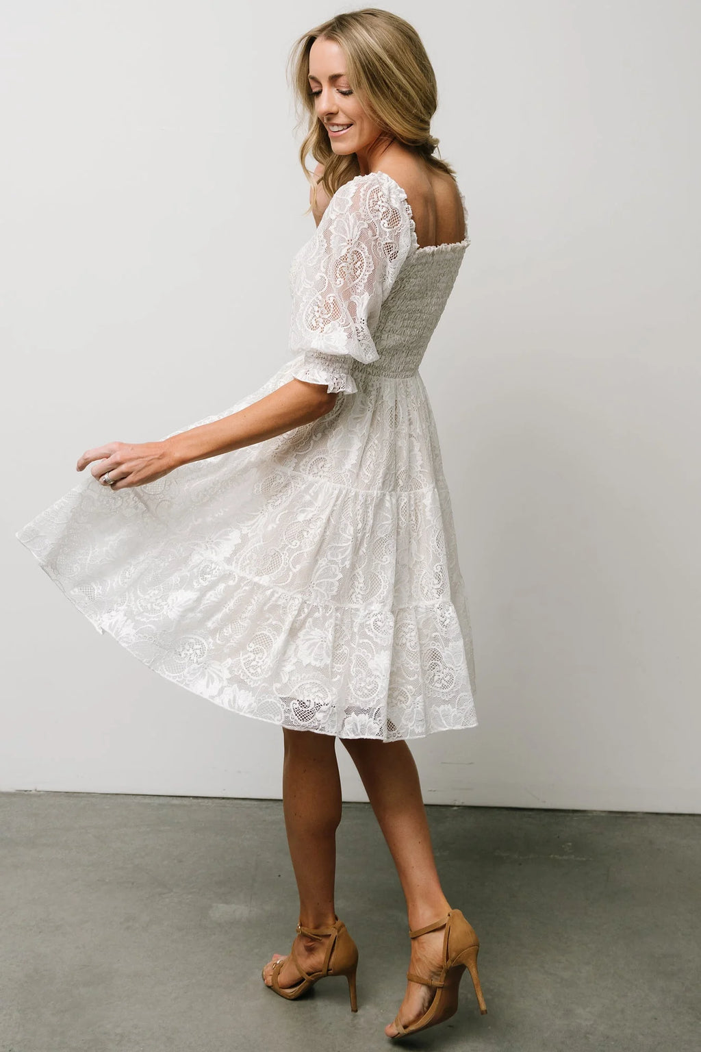 Tate Smocked Lace Short Dress | Off White