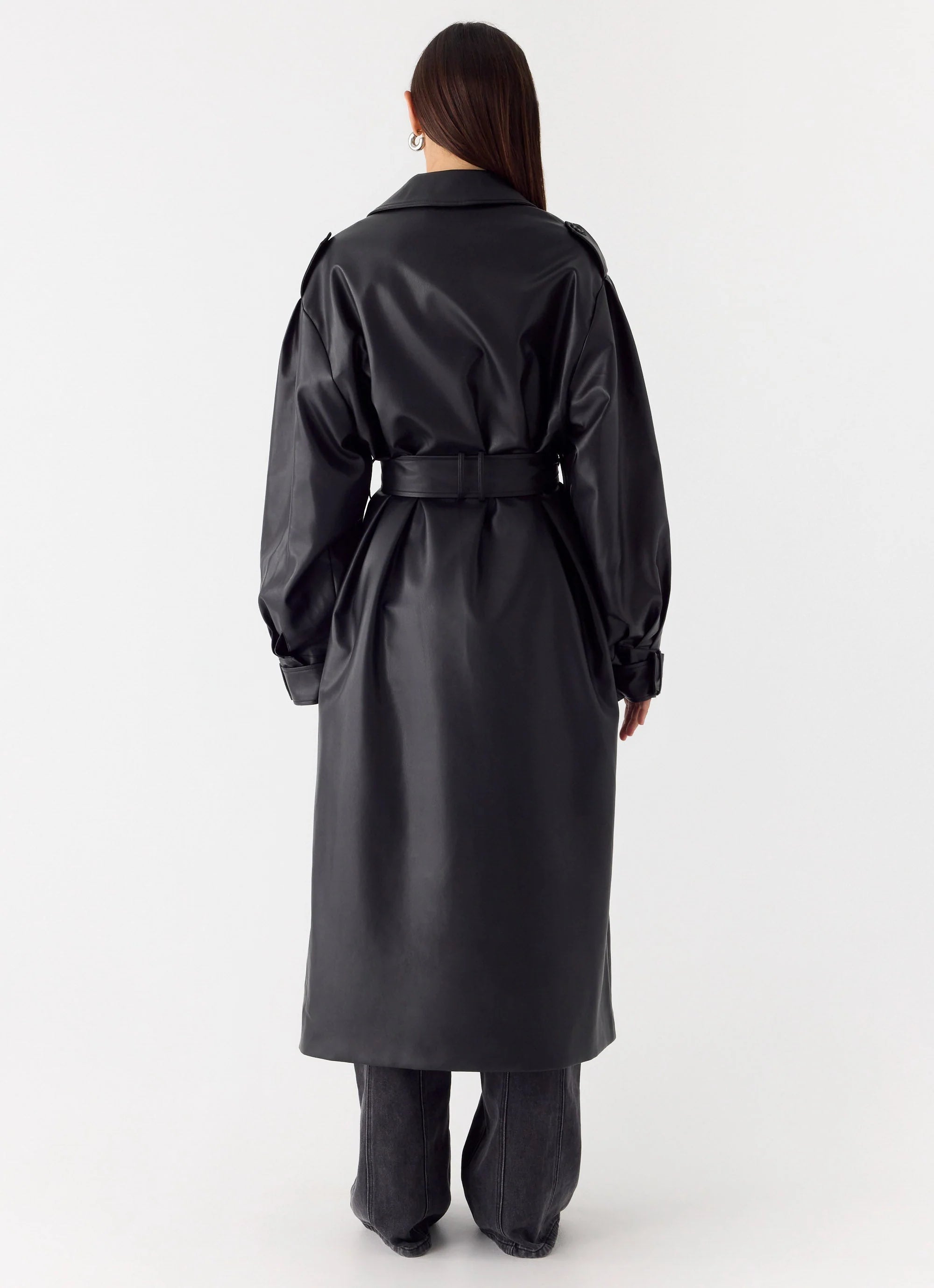 Out On The Town Faux Leather Midi Trench - Black