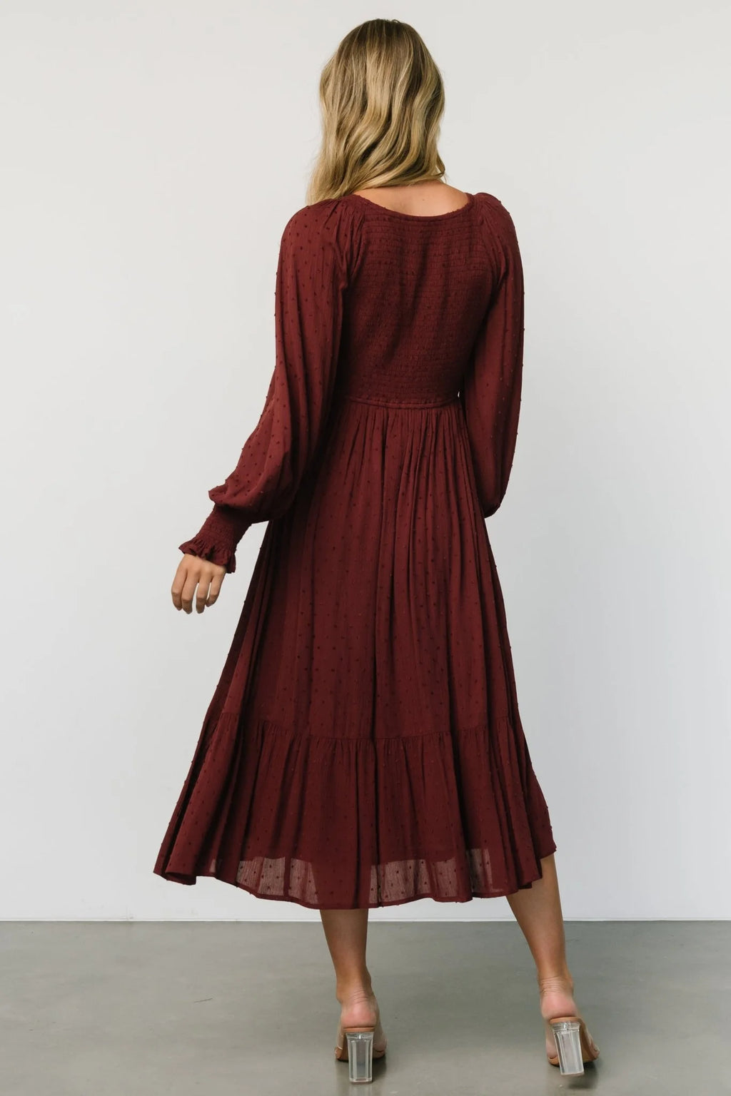 Lainey Smocked Dotted Midi Dress | Mulberry