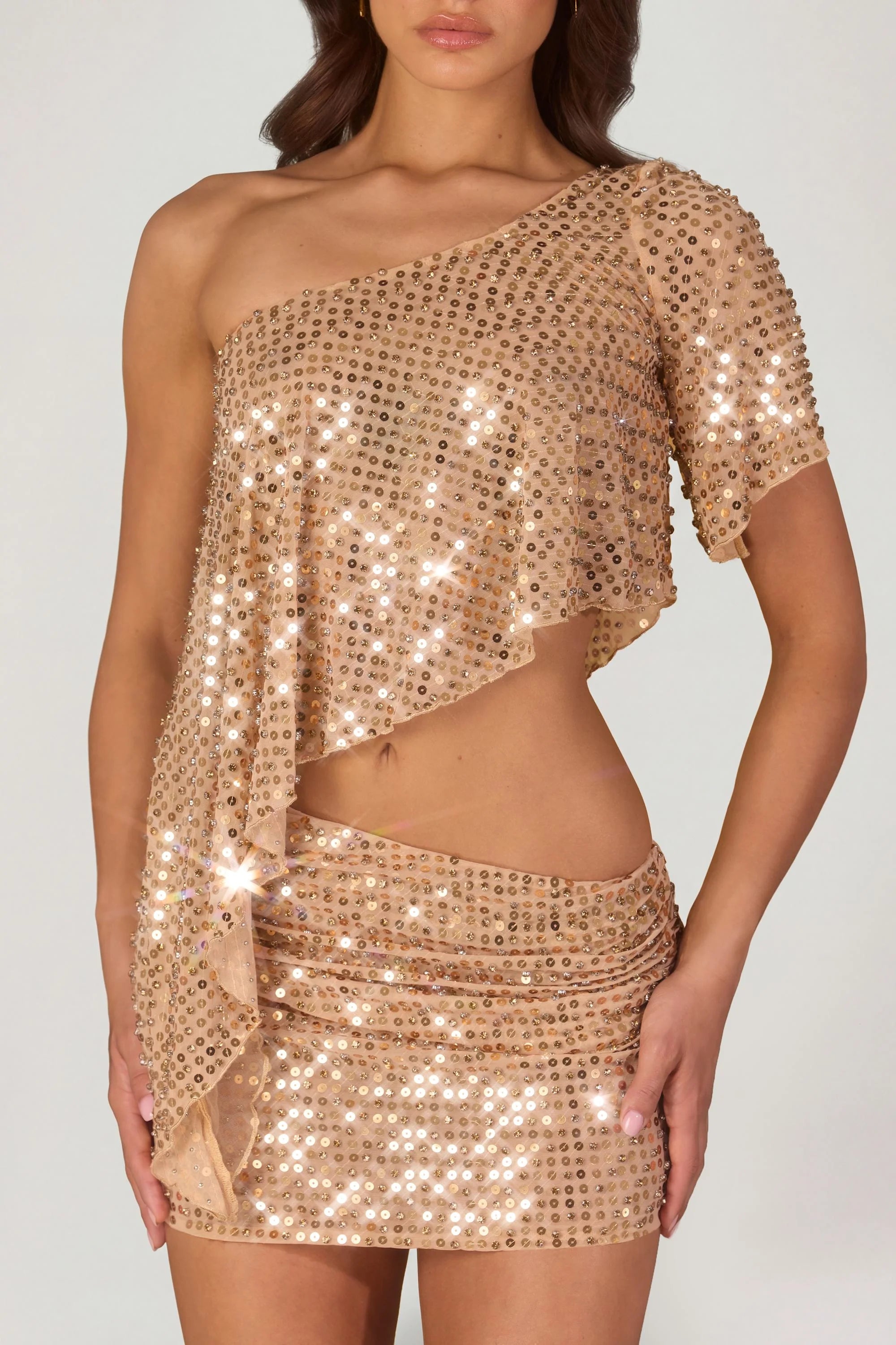 Embellished One-Shoulder Asymmetric Top in Gold