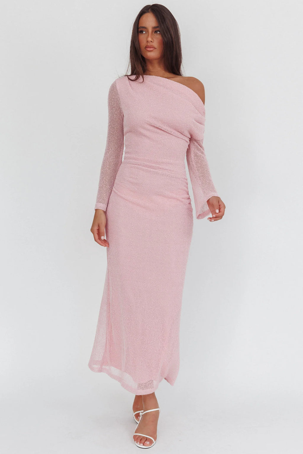 Alivya Asymmetric Neckline Knit Maxi Dress Pink