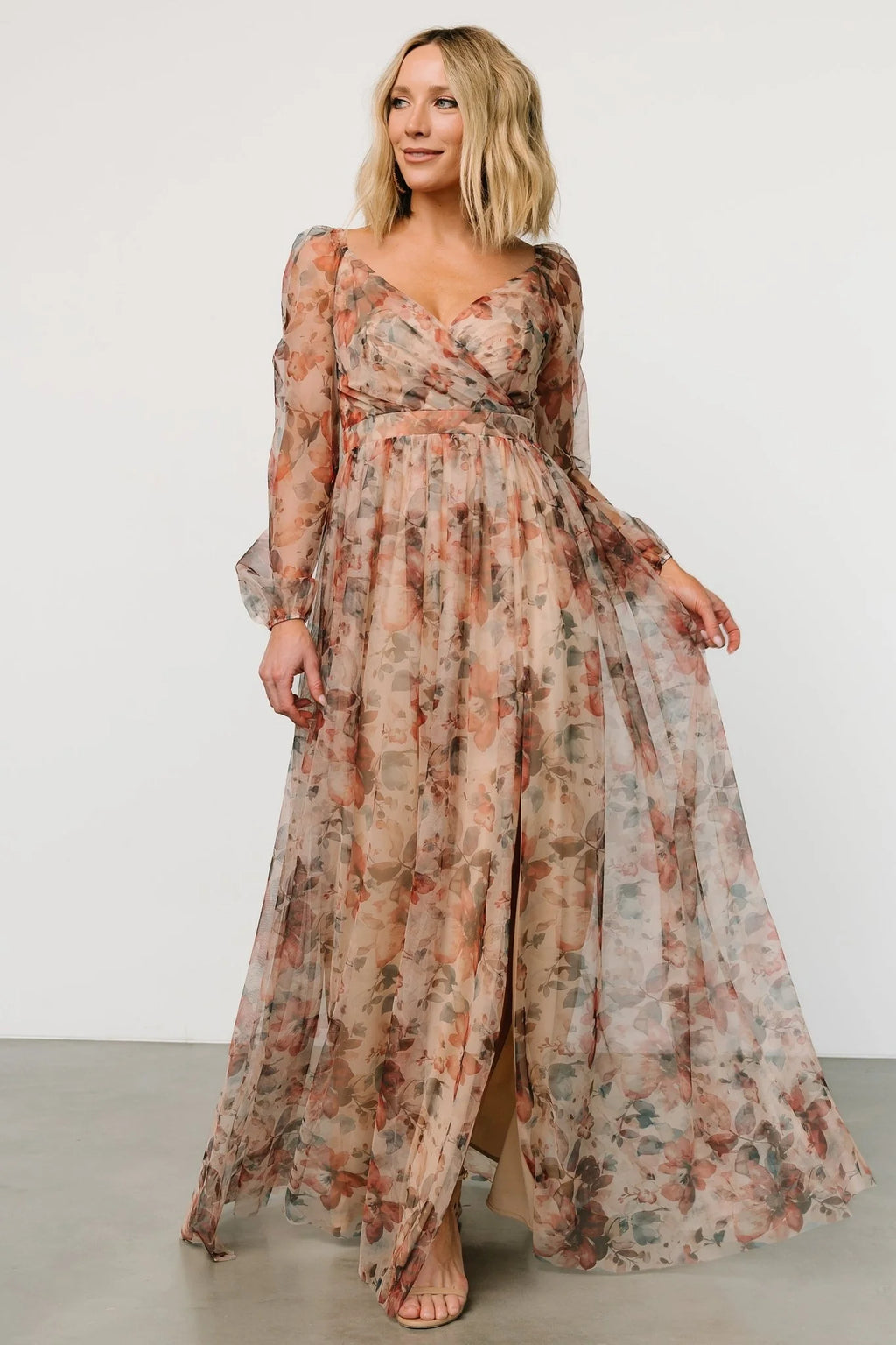 Desiree Tulle Maxi Dress | Taupe Floral