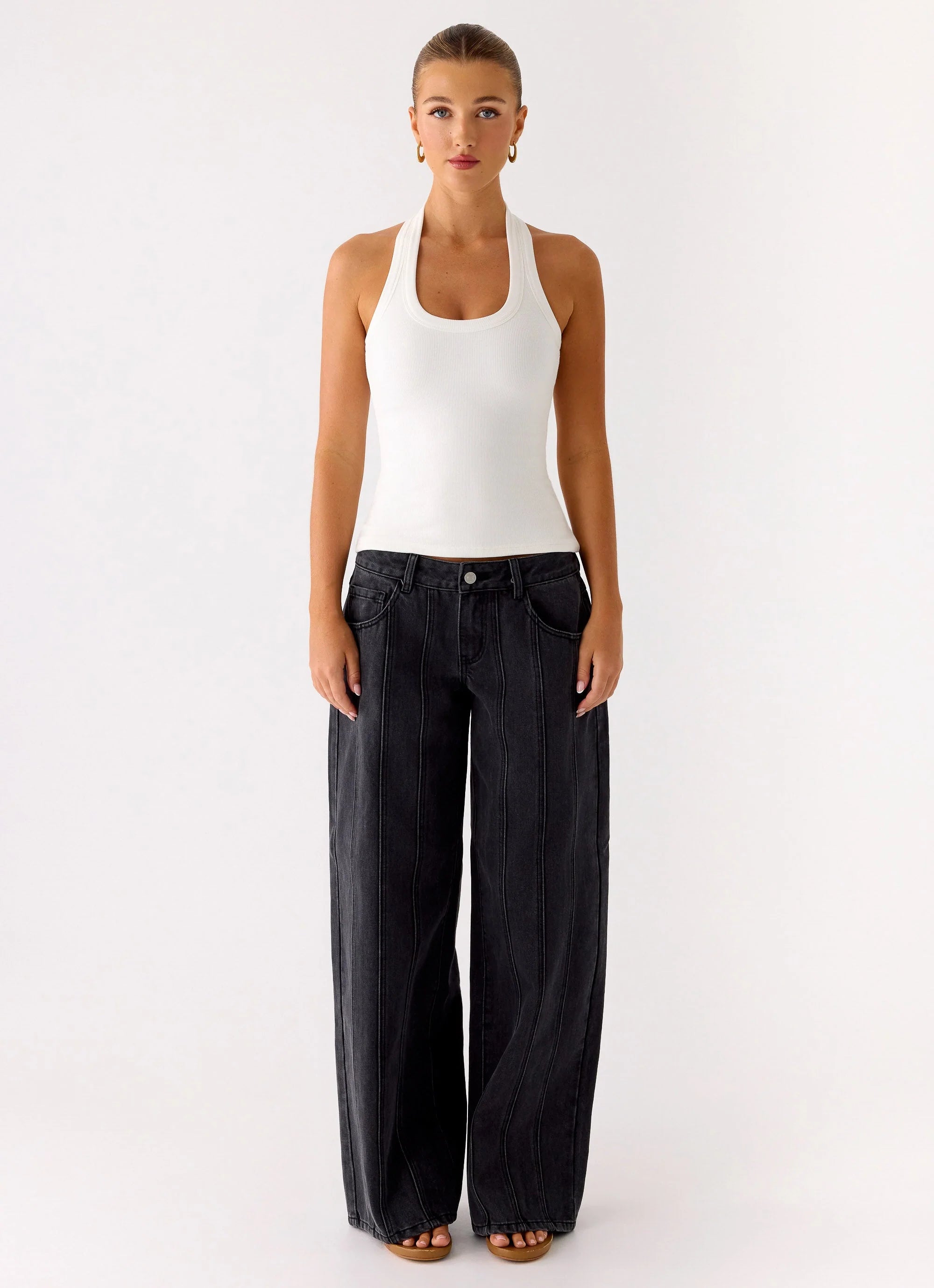 Johnny Low Rise Wide Leg Jeans - Grey Charcoal