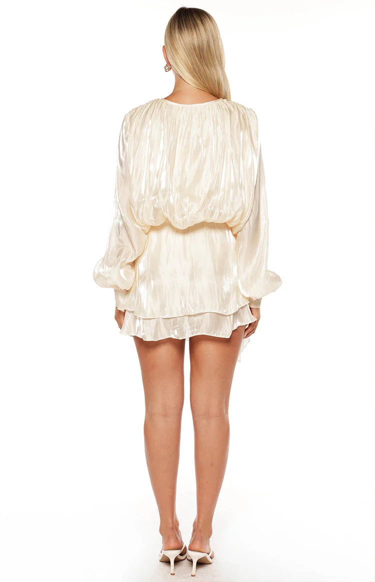 Quinton Pearl Satin Long Sleeve Tie Mini Dress
