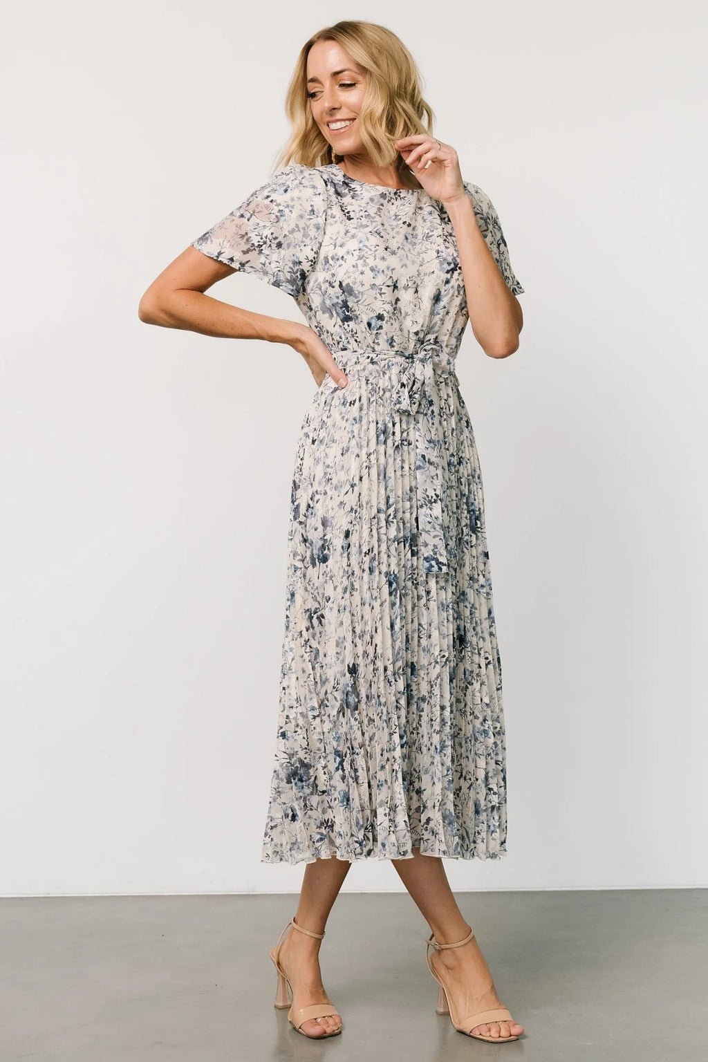 Alexandra Pleated Dress | Off White + Blue