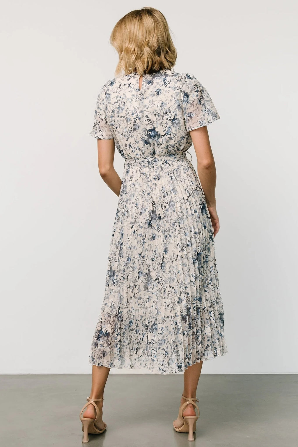 Alexandra Pleated Dress | Off White + Blue