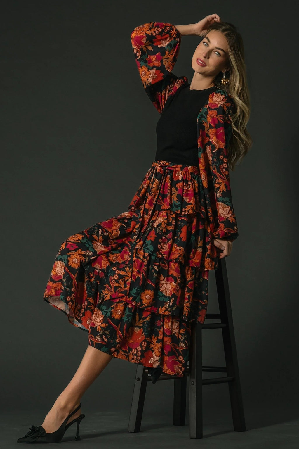 Sylvie Tiered Midi Dress | Black Multi