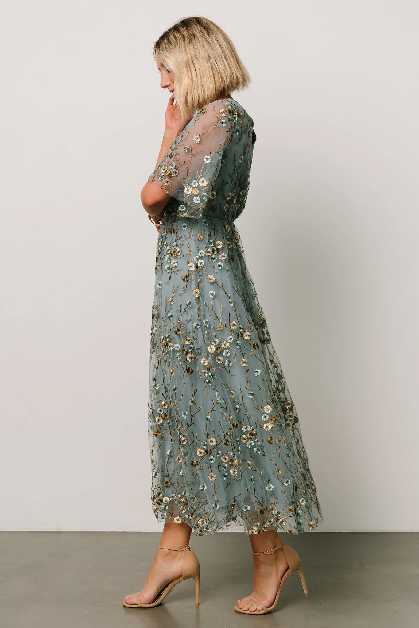 Arabella Embroidered Tulle Maxi Dress | Dusty Blue Floral