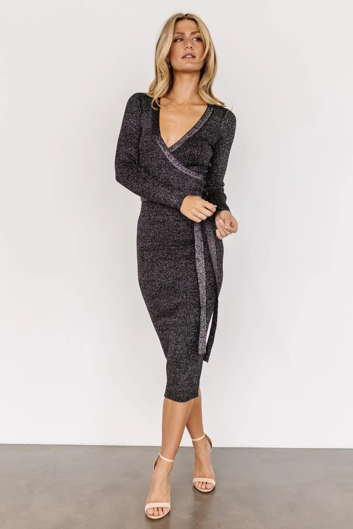Nancy Ribbed Shimmer Midi Dress | Black
