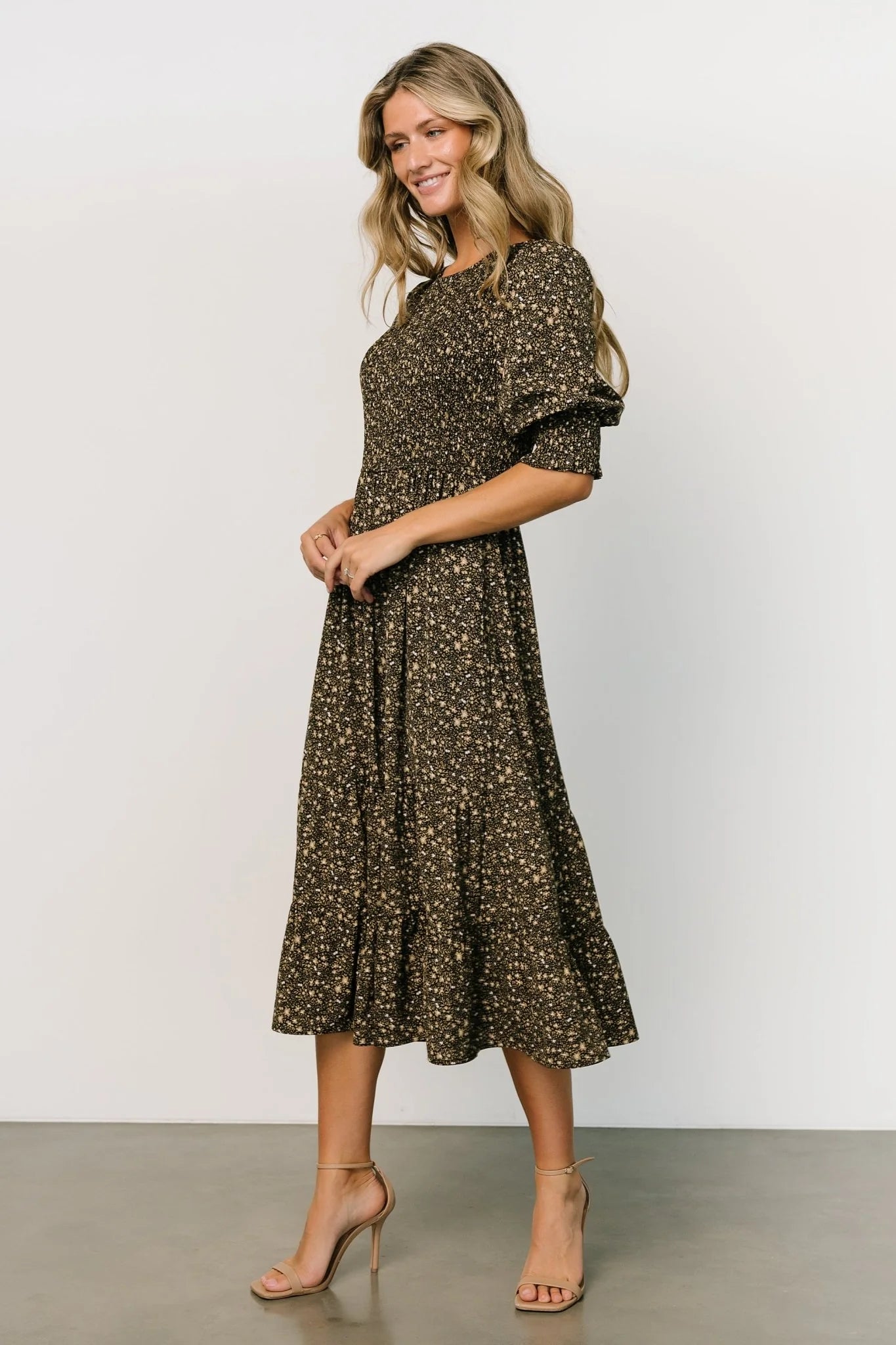 Pele Tiered Midi Dress | Black Floral
