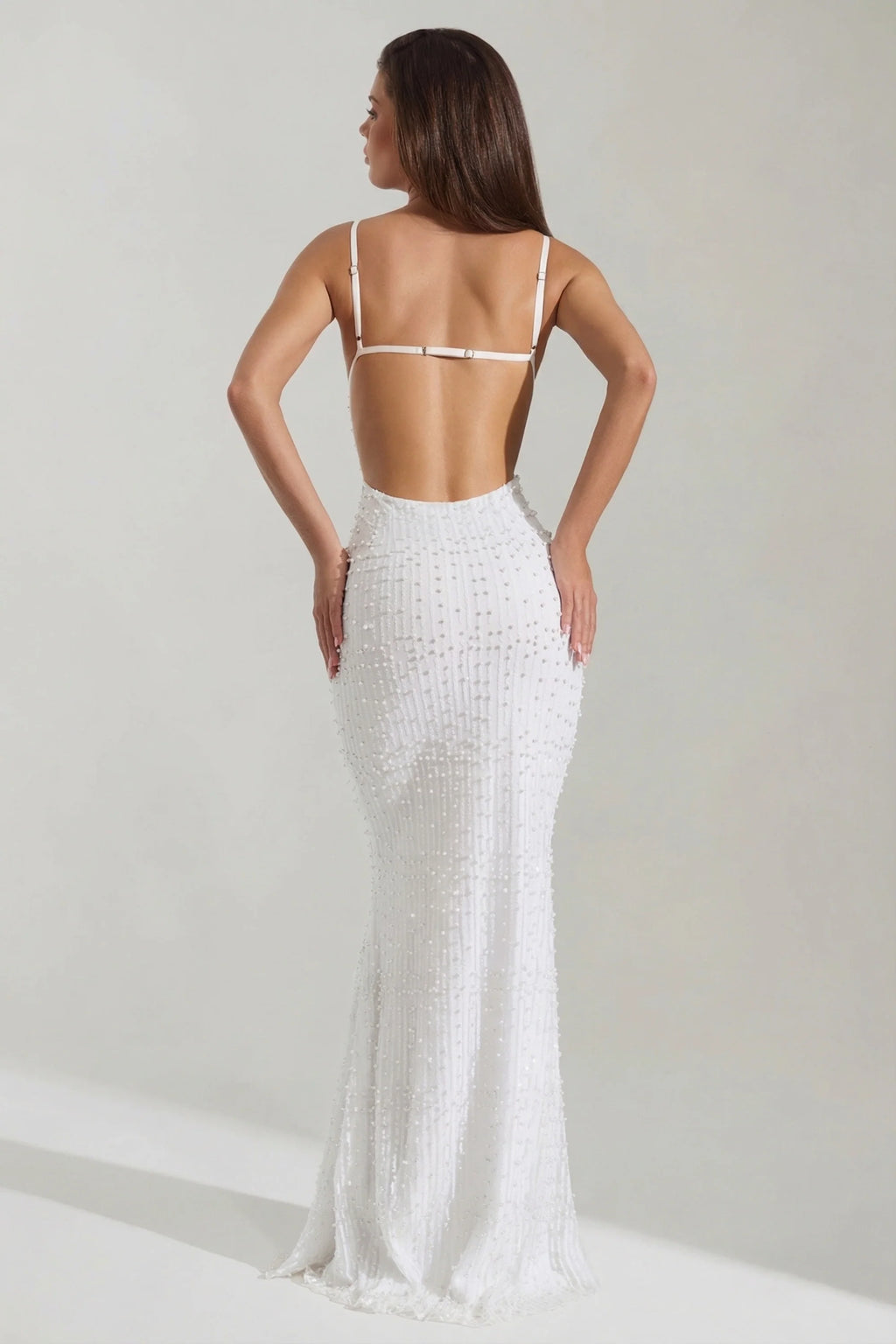 Embellished Cowl-Neck Backless Maxi Dress in White