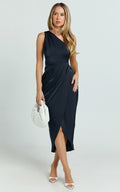 Felt So Happy Midi Dress - One Shoulder Drape Dress in Navy