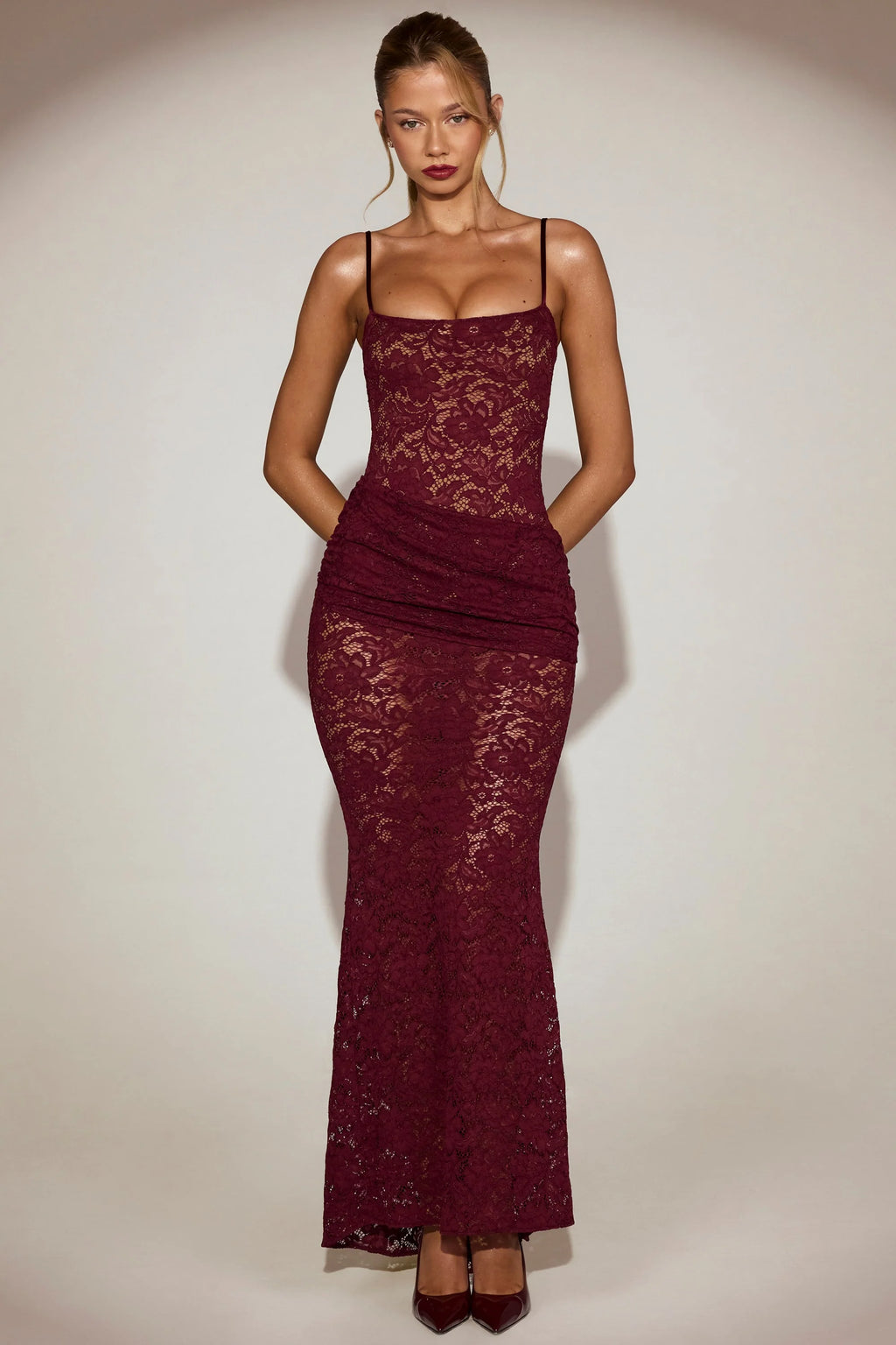 Sheer Lace Square-Neck Ruched Gown in Wine Red
